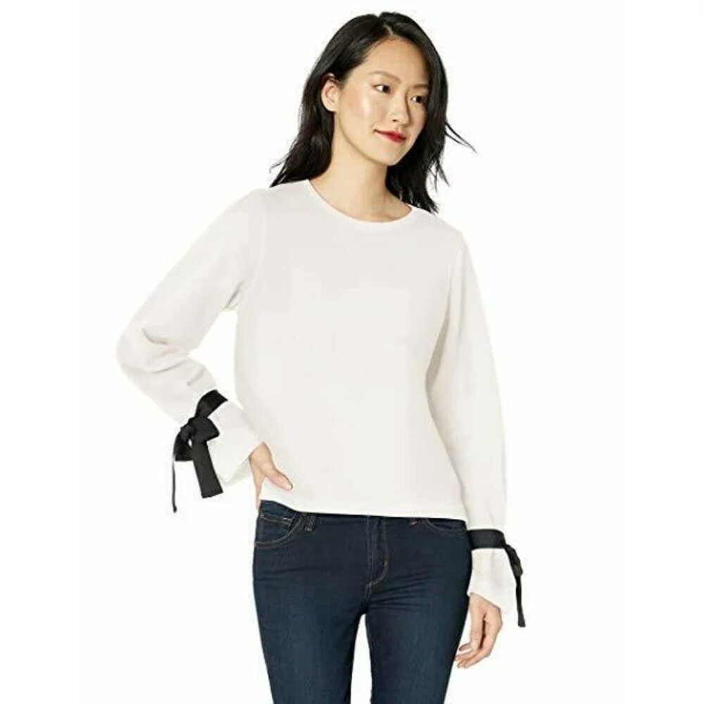 BNWT J.Crew Mercantile Top With Black Ribbon Bow Sleeve White - Size Large